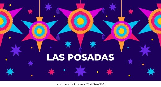 Las Posadas. Vector Web Banner, Poster, Card For Social Media, Networks. Text Las Posadas, Pinata Mexican Star On Blue Background. Hispanic Tradition, Christmas Celebration.