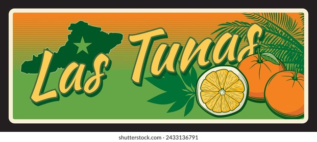 Las Tunas Cuban region plate vintage travel plaque, sticker with ranges and sugar cane plantation, mountain landscape, mariposa sign. Province Victoria de Las Tunas retro travel destination