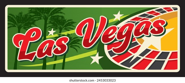 Las Vegas american city plate and travel sticker. USA journey vintage plaque, United States of America city vector tin sign with casino roulette, memory souvenir with gambling games symbol