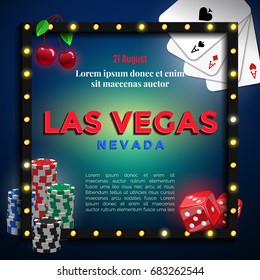 Las Vegas background design for banner or flyer with gambling elements in black frame.