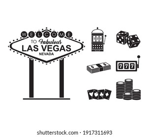 las vegas billboard and casino icon set over white background, silhouette style, vector illustration