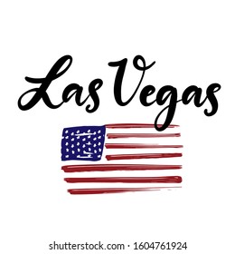 Las Vegas. Brushstrokes in colours of American national flag. Vector illustration of hand drawn lettering name of country for logotype, icon, poster, Independence Day greeting card, print, banner.