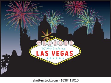 Las Vegas Casino City Silhouette with Fireworks Illustration Print - Nevada Skyline Graphic Vector Pattern for Tee / T Shirt and Poster  