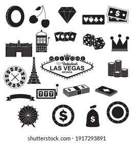 Las Vegas Casino Icon Set Over White Background, Silhouette Style, Vector Illustration