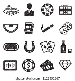 Las Vegas And Casino Icons. Black Scribble Design. Vector Illustration.