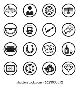 Las Vegas And Casino Icons. Black Flat Design In Circle. Vector Illustration.