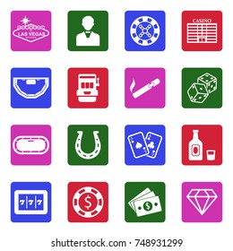 Las Vegas And Casino Icons. White Flat Design In Square. Vector Illustration. 