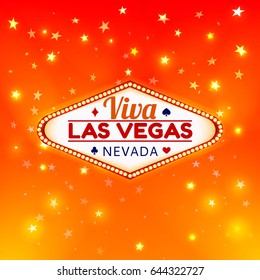 Las Vegas Casino Sign.Casino Color Signboard Viva Las Vegas Nevada w Diamonds suit,Hearts suit,Spades symbol,Crest symbol in Frame of Light Bulbs on Gold Gleamig Stars,Gold Shining Stars Background