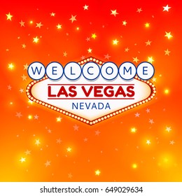 Las Vegas Casino Sign.Casino Color Signboard Welcome Las Vegas Nevada in Frame of Light Bulbs on Gold Gleaming Stars,Gold Shining Stars Background.Design Conception for Gambling Place.