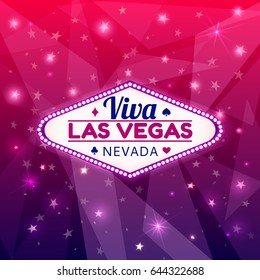 Las Vegas Casino Sign.Casino Neon Billboard Viva Las Vegas Nevada with Diamonds suit,Hearts suit,Spades symbol,Crest symbol in Frame of Light Bulbs on Neon Purple Shining Rays,Neon Stars Background