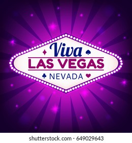 Las Vegas Casino Sign.Casino Neon Billboard Viva Las Vegas Nevada with Diamonds suit,Hearts suit,Spades symbol,Crest symbol in Frame of Light Bulbs on Neon Purple Shining Rays,Neon Stars Background