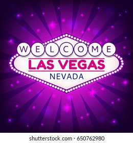 Las Vegas Casino Sign.Casino Neon Billboard Welcome Las Vegas Nevada in Frame of Light Bulbs on Neon Purple Shining Rays,Neon Stars Shining Purple Background.Design Conception for Gambling Place.