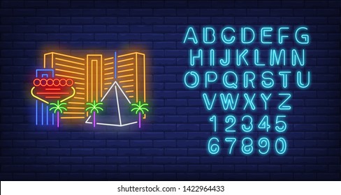 Las Vegas city buildings and landmarks neon sign. Sightseeing, tourism, casino design. Night bright neon sign, colorful billboard, light banner. Vector illustration in neon style.