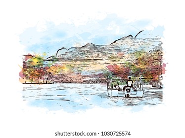 Las Vegas City in Nevada, USA. Watercolor splash with hand drawn sketch illustration in vector.