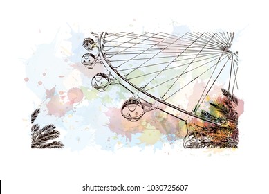 Las Vegas City in Nevada, USA. Watercolor splash with hand drawn sketch illustration in vector.