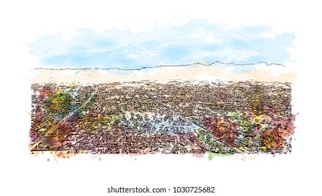 Las Vegas City in Nevada, USA. Watercolor splash with hand drawn sketch illustration in vector.