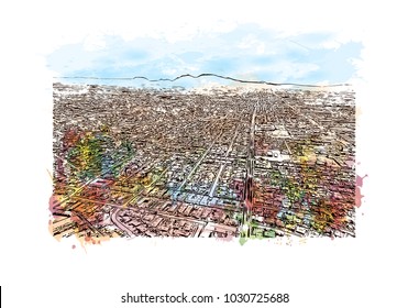 Las Vegas City in Nevada, USA. Watercolor splash with hand drawn sketch illustration in vector.