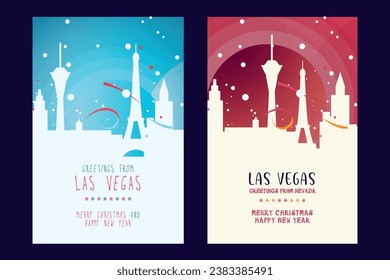 Las Vegas city poster with Christmas skyline, cityscape, landmarks. Winter USA holiday, New Year vertical vector layout for Nevada brochure, website, flyer, leaflet, card