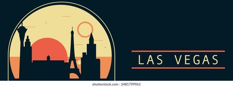 Anuncio de Vector de estilo retro de la ciudad de Las Vegas con perfil, paisaje urbano. EE.UU. Nevada ilustración Horizontal vintage. Diseño de viajes de los Estados Unidos de América para presentación de Web, encabezado, pie de página