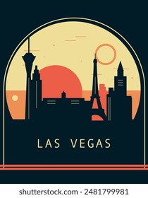 Las Vegas city retro style poster with skyline, cityscape. USA Nevada state vintage vector illustration. US front cover, brochure, flyer, leaflet template, layout image