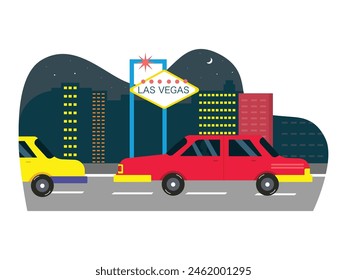 Las Vegas Stadtansicht mit dem Auto in der Nacht. Zeichengestaltung. Vektorgrafik flache Abbildung