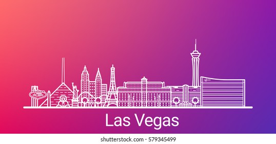  Las Vegas city white line on colorful background. All Las Vegas buildings - customizable objects with opacity mask, so you can simple change composition and background. Line art.