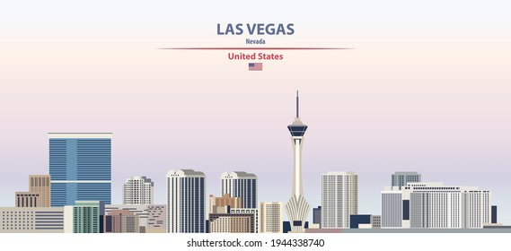 Las Vegas cityscape on sunset sky background vector illustration with country and city name and with flag of United States