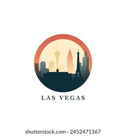 Paisaje urbano de Las Vegas, insignia de gradiente de Vector, logotipo plano del horizonte, ícono. EE.UU., Nevada idea redonda del emblema de la ciudad con Lugares famosos y siluetas de construcción. Gráfico abstracto aislado