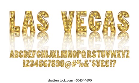 Las Vegas. Color Golden alphabet with show lamps. Vector illustration. You can use it for web-pages and banners, poster, cards and other. Isolated on a white background.