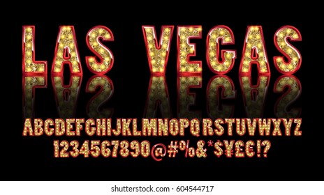 Las Vegas. Color Golden alphabet with show lamps. Vector illustration. You can use it for web-pages and banners, poster, cards and other. Isolated on a black background.