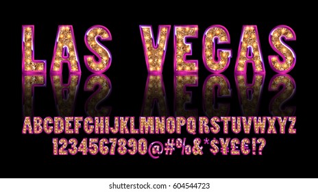 Las Vegas. Color Golden alphabet with show lamps. Vector illustration. You can use it for web-pages and banners, poster, cards and other. Isolated on a black background.