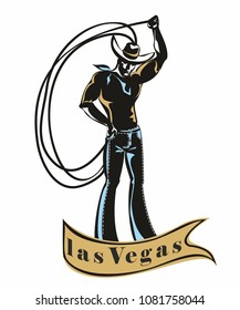 Las Vegas. Cowboy.   Lasso.  Invitation. Greeting. Weathercock. Sign. Western. Vintage.Retro.  Vector.