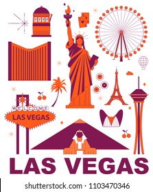 Las Vegas Culture Travel Set, Famous Architectures, Specialties In Flat Design. Business Travel And Tourism Concept Clipart. Image For Presentation, Banner, Website, Advert, Flyer, Roadmap, Icons