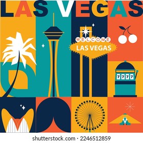 Las Vegas culture travel set, famous architectures and specialties in flat design. Business US tourism concept clipart. Image for presentation, banner, website, advert, flyer, roadmap, icons