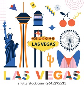 Las Vegas culture travel set, famous architectures, specialties in flat design. Business travel and tourism concept clipart. Image for presentation, banner, website, advert, flyer, roadmap, icons	