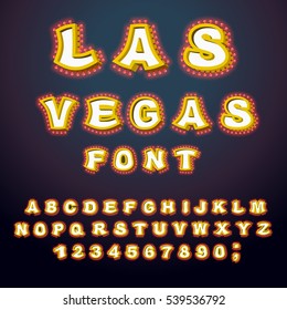 Las Vegas font. Glowing lamp letters. Retro Alphabet with lamps. Vintage show ABC with light bulb. Glittering lights lettering