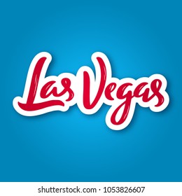 Las Vegas - hand drawn lettering phrase. Sticker with lettering in paper cut style. Vector illustration.