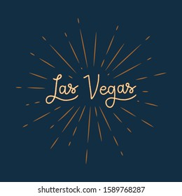 Las Vegas hand lettering with sunburst lines on blue background.