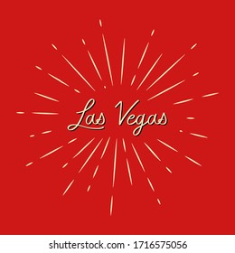 Las Vegas hand lettering with sunburst lines on red background.