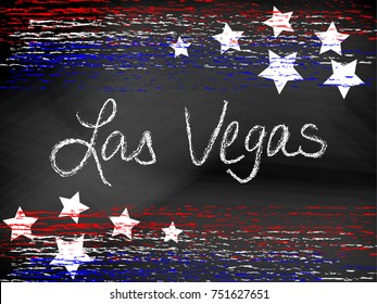 Las Vegas headline written in chalkboard text with red white and blue patriotic chalk lines and stars. Hand written, drawn text, vector format. Useful for 4th of July or Memorial Day projects
