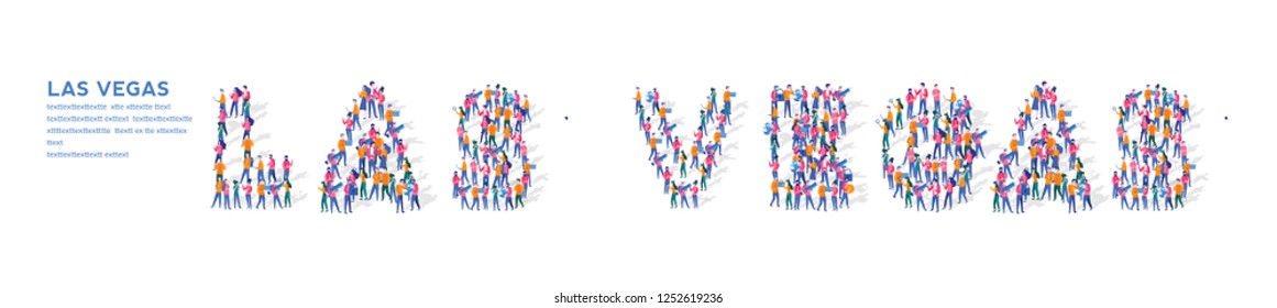 Las Vegas Isometric Vector Concept, Group of business people are gathered together in the shape of Las Vegas word, for web page, banner, presentation, social media, Crowd of little people. teamwork