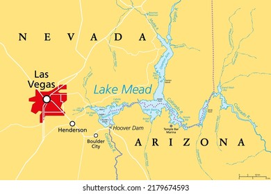 Las Vegas and Lake Mead, political map. Vegas, most populous city in Nevada, known primarily for its gambling and entertainment, left of Lake Mead, a reservoir formed by Hoover Dam on Colorado River.