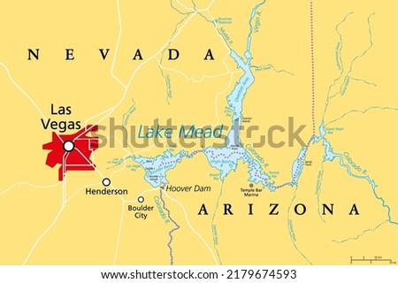 Las Vegas and Lake Mead, political map. Vegas, most populous city in Nevada, known primarily for its gambling and entertainment, left of Lake Mead, a reservoir formed by Hoover Dam on Colorado River.