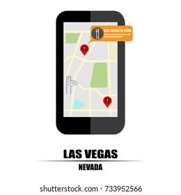 Las Vegas map demonstration with Las vegas welcome sign and Red pinpoint on the map with word best buffet in town
