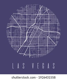 Las Vegas map poster. Decorative design street map of Las Vegas city. Cityscape aria panorama silhouette aerial view, typography style. Land, river, highways, avenue. Round circular vector.