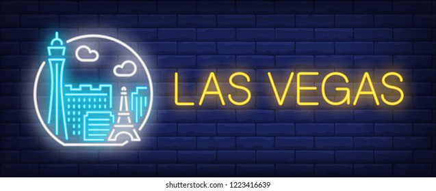 Las Vegas neon sign. City and landmarks in circle on brick wall background. Vector illustration in neon style for touristic banners and billboards