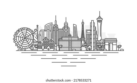 Las Vegas, Nevada, USA architecture line skyline illustration. Linear vector cityscape with famous landmarks, city sights, design icons. Landscape with editable strokes.