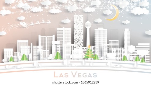 Las Vegas Nevada USA City Skyline in Paper Cut Style with Snowflakes, Moon and Neon Garland. Vector Illustration. Christmas and New Year Concept. Santa Claus on Sleigh.