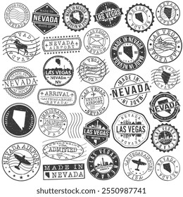 Las Vegas, NV, EUA Conjunto de Selos. Marcas de viagem da cidade. Fabricado Em Produto. Design Seals Estilo Antigo Insígnia.