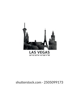 Panorama de Las Vegas, insignia de Vector, logotipo e ícono del horizonte. Logotipo del horizonte de la ciudad del estado de Nevada con Lugares famosos y siluetas de construcción. Gráfico de gradiente abstracto brumoso aislado